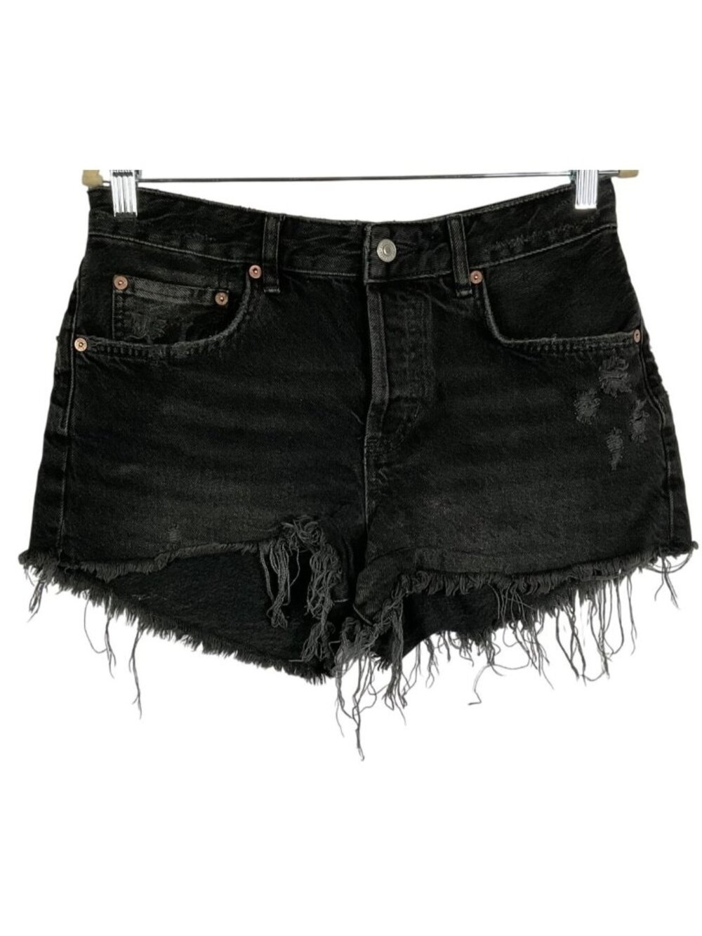 We The Free Free People Distressed Black Denim Cutoff Shorts Raw Frayed Hem 28